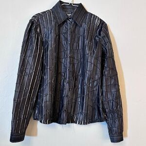 Samuel Dong Womens Button Down Long Sleeve Blouse Collared Textured Black Medium